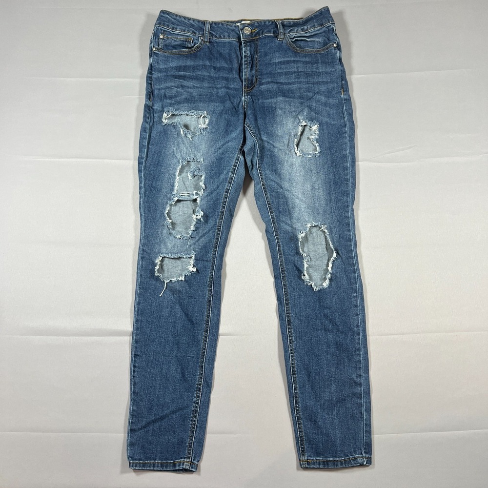 Refuge Skinny Leg Jeans Womens 12 Blue Denim Cotton Stretch Mid Rise Distressed